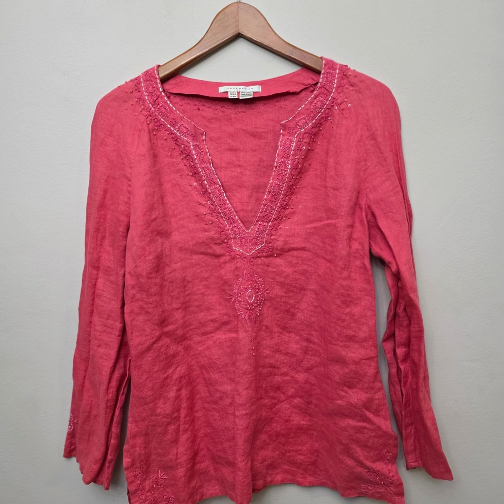Zara Woman Tunic Top Women Medium Pink Boho Linen Embroidered Sequin Coastal
